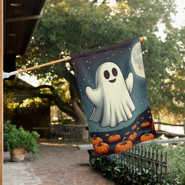 Cute, vintage ghost & pumpkin halloween art house flag (In SItu)