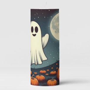 Cute, vintage ghost & pumpkin halloween art pillar candle