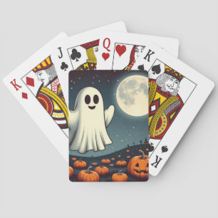 Cute, vintage ghost & pumpkin halloween art poker cards