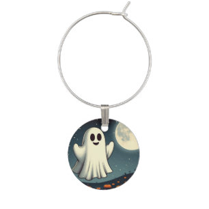 Cute, vintage ghost & pumpkin halloween art wine charm