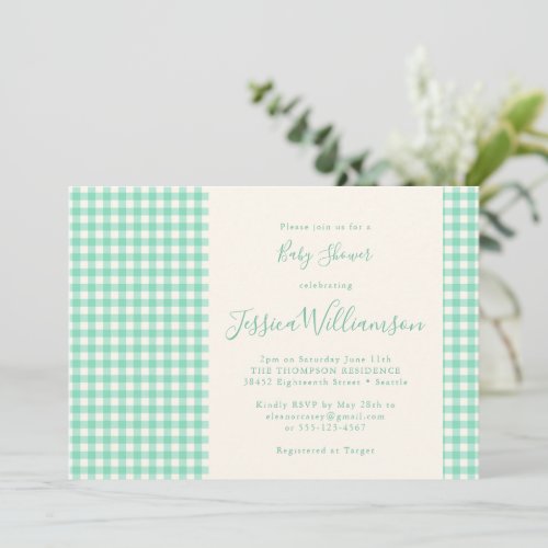 Cute Vintage Gingham Plaid Mint Green Baby Shower Invitation