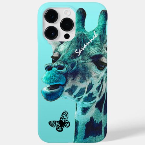 Cute Vintage Giraffe Licking a Butterfly on Aqua Case_Mate iPhone 14 Pro Max Case