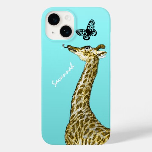 Cute Vintage Giraffe Licking a Butterfly on Aqua Case_Mate iPhone 14 Case