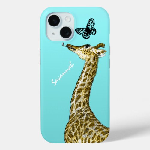 Cute Vintage Giraffe Licking a Butterfly on Aqua iPhone 15 Case