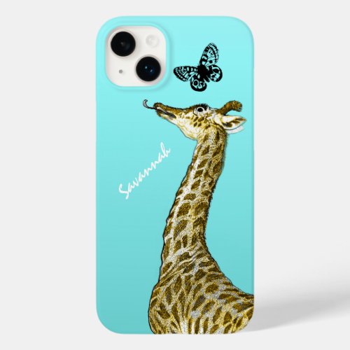Cute Vintage Giraffe Licking a Butterfly on Aqua Case_Mate iPhone 14 Plus Case