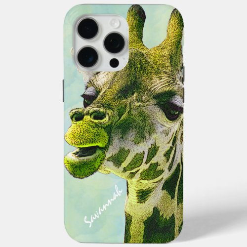 Cute Vintage Giraffe Lime Green on Watercolor Aqua iPhone 15 Pro Max Case