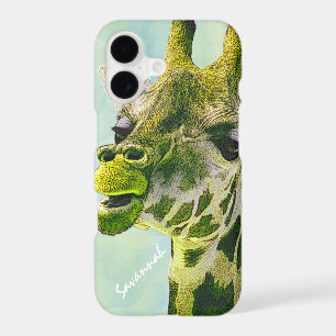 Cute Vintage Giraffe Lime Green on Watercolor Aqua iPhone 17 Case