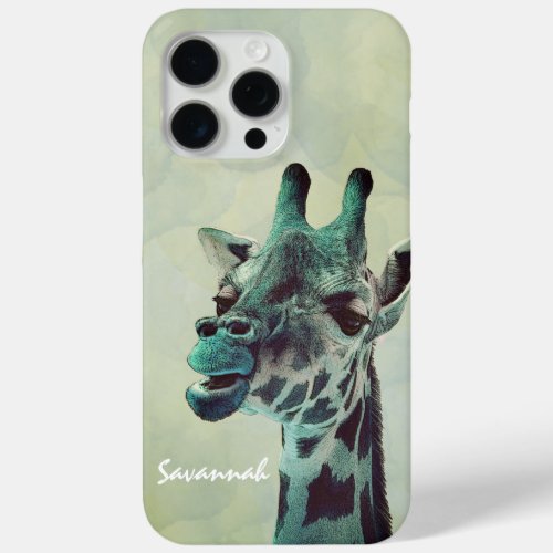 Cute Vintage Giraffe Watercolor Aqua Blue iPhone 15 Pro Max Case