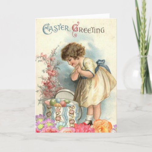 Cute Vintage Girl Easter Eggs Happy Easter Holiday Card