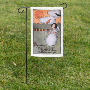 Cute Vintage Girl & Halloween Candle w/Witch Face Garden Flag