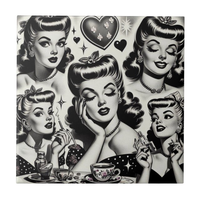 Cute Vintage Girl Illustration Ceramic Tile (Front)
