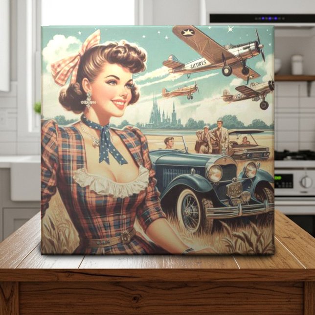 Cute Vintage Girl Illustration Ceramic Tile (Creator Uploaded)