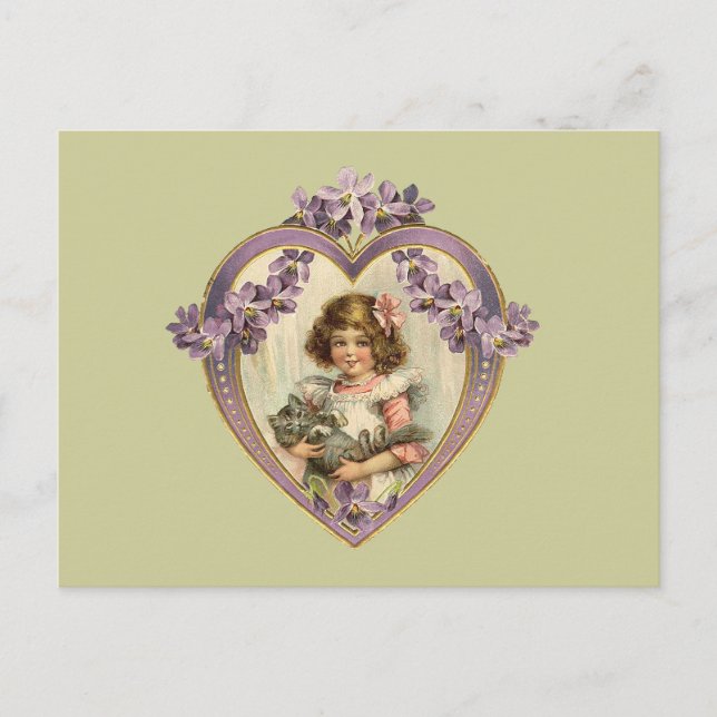 Cute Vintage Girl & Kitten Floral Heart Postcard (Front)