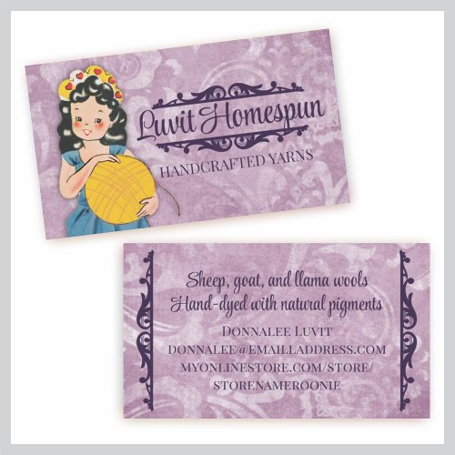 Cute vintage girl knitting crochet ball of yarn business card