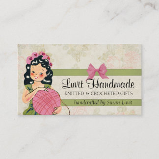 Cute vintage girl knitting crochet ball of yarn business card