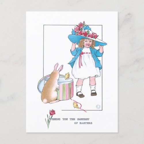 Cute Vintage Girl wEaster Bonnet Bunny  Chicks Holiday Postcard
