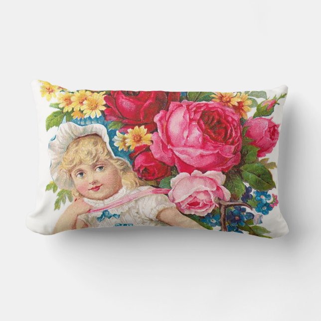 Cute Vintage Girl With Flowers Lumbar Pillow (Front)