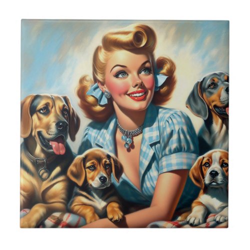 Cute vintage girl with puppies ceramic tile