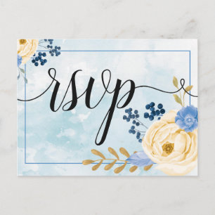 Cute vintage golden floral blue  rsvp invitation p postcard
