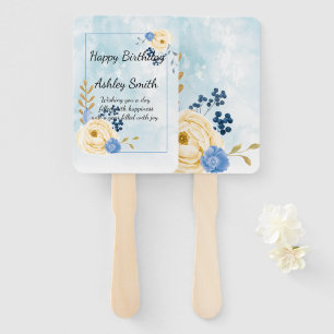 Cute vintage golden floral blue watercolor hand fan