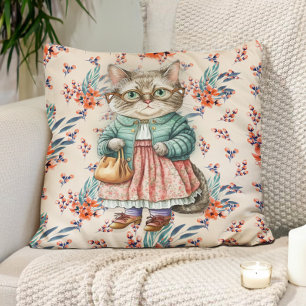 Cute Vintage Grandma Cat Pink Apron Glasses Throw Pillow