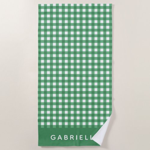 Cute Vintage Green Gingham Plaid Personalized Beach Towel