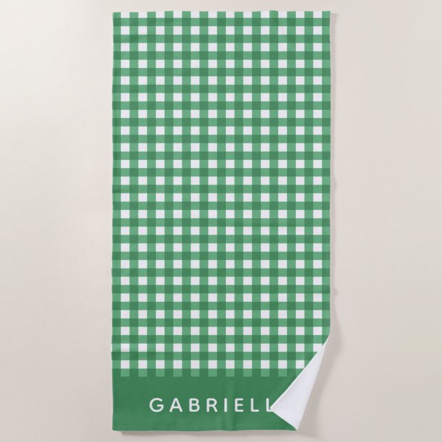 Cute Vintage Green Gingham Plaid Personalized Beach Towel (Front)