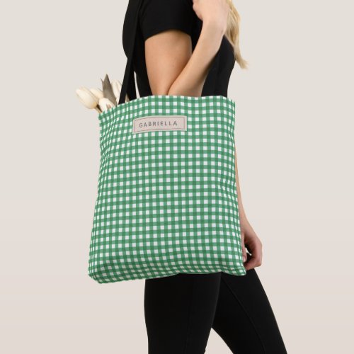 Cute Vintage Green Gingham Plaid Personalized Tote Bag