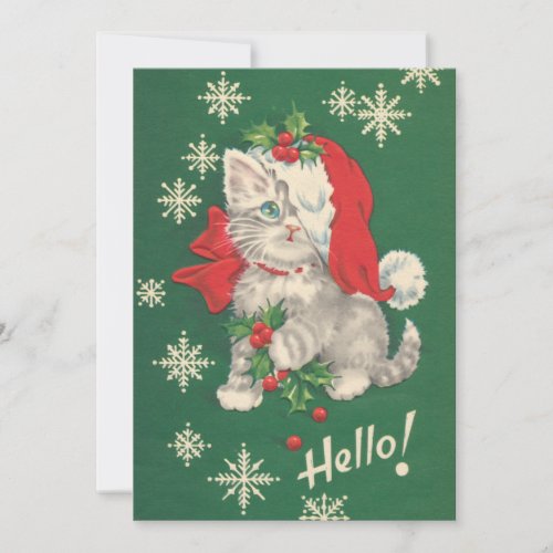 Cute Vintage Green Red Christmas Cat Holiday Card