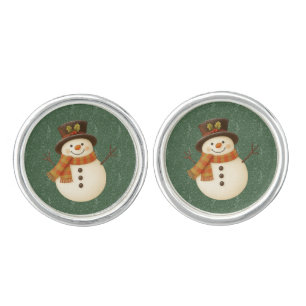 Cute, vintage green rustic snowman cufflinks