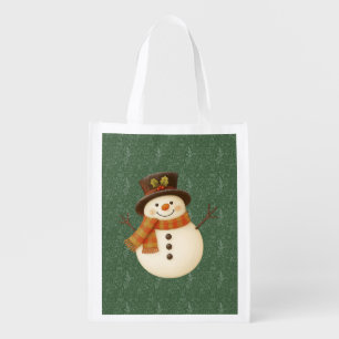 Cute, vintage green rustic snowman grocery bag