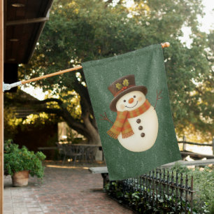 Cute, vintage green rustic snowman house flag