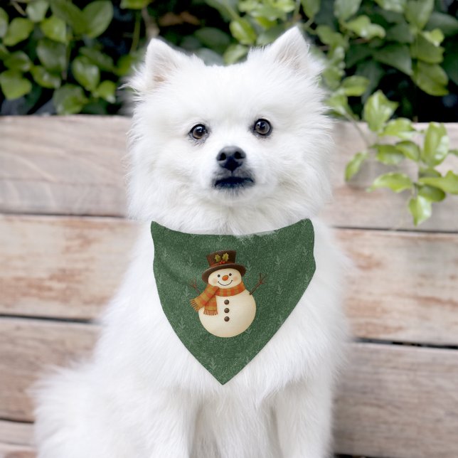 Cute, vintage green rustic snowman pet bandana collar (Dog)