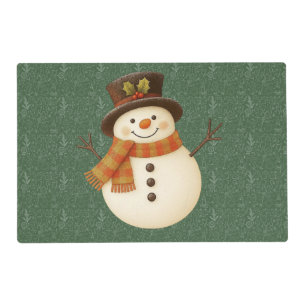 Cute, vintage green rustic snowman placemat