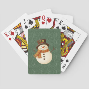 Cute, vintage green rustic snowman poker cards