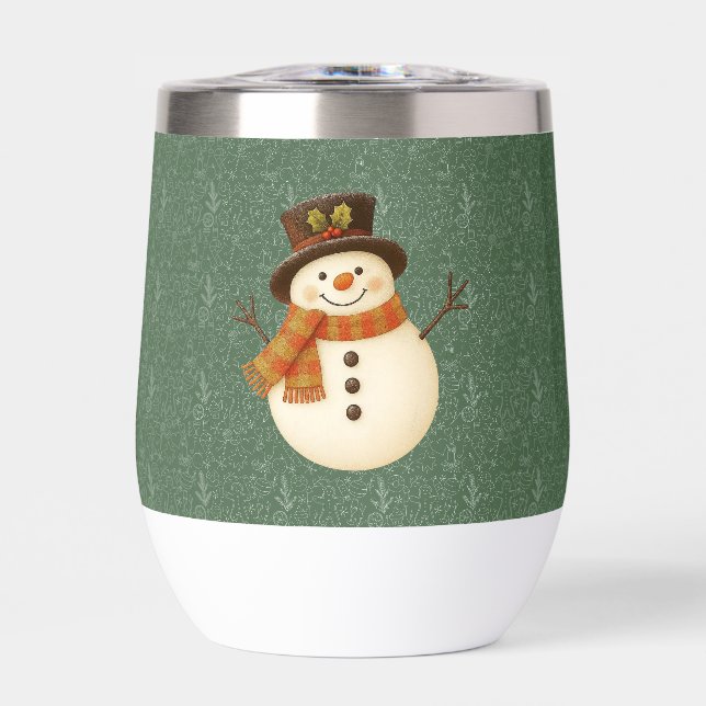 Cute, vintage green rustic snowman thermal wine tumbler (Front)