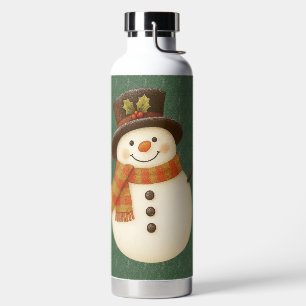 Cute, vintage green rustic snowman water bottle
