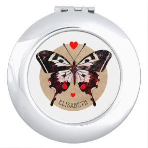 Cute Vintage Grunge Butterfly And Hearts Add Name Compact Mirror
