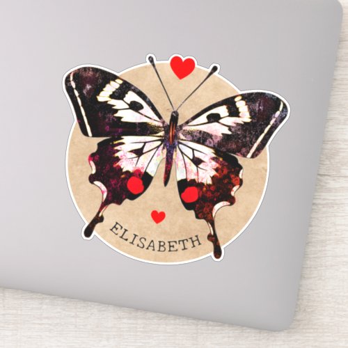  Cute Vintage Grunge Butterfly And Hearts Add Name Sticker