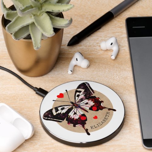  Cute Vintage Grunge Butterfly And Hearts Add Name Wireless Charger