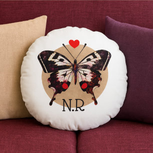 Cute Vintage Grunge Butterfly & Heart Monogrammed Round Pillow