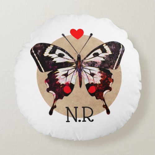  Cute Vintage Grunge Butterfly  Heart Monogrammed Round Pillow