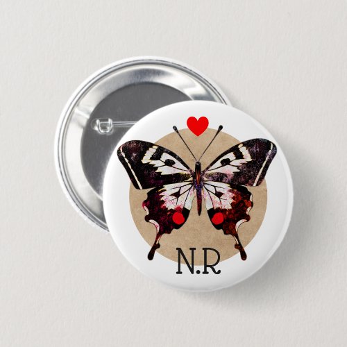 Cute Vintage Grunge Butterfly  Hearts Monogrammed Button