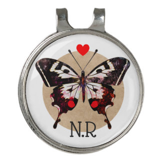 Cute Vintage Grunge Butterfly & Hearts Monogrammed Golf Hat Clip