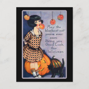 Cute Vintage Halloween Black Cat Postcard