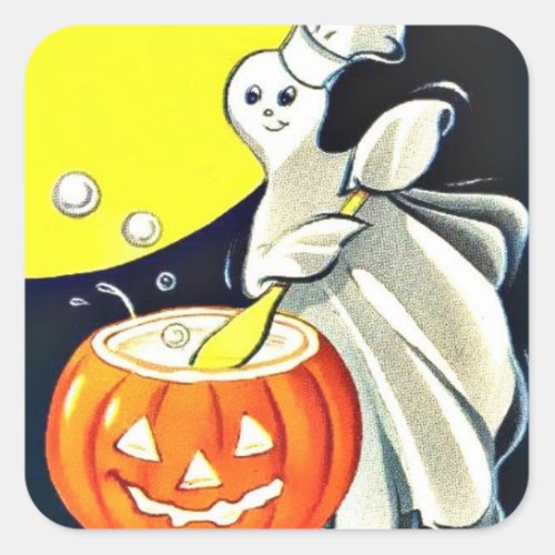 Cute Vintage Halloween Ghost With Pumpkin Square Sticker