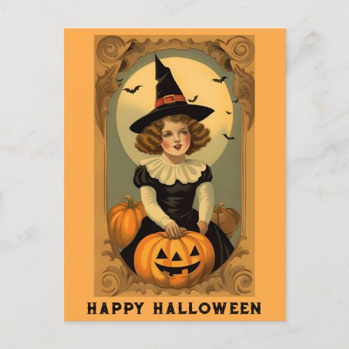 Cute Vintage Halloween Witch Hat Girl Pumpkin Postcard