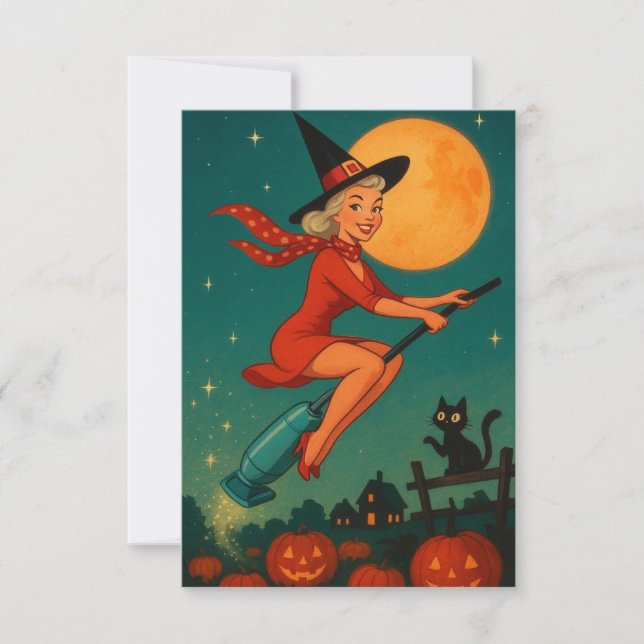 Cute Vintage Halloween Witch On Broom (Front)