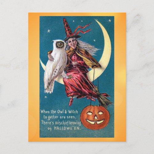 Cute Vintage Halloween Witch Owl Victorian Poem Postcard