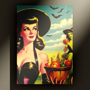 Cute Vintage Halloween Witch Pin-up Postcard